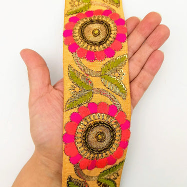 Orange Art Silk Lace Trim, Floral Embroidery in Green, Salmon and Fuchsia